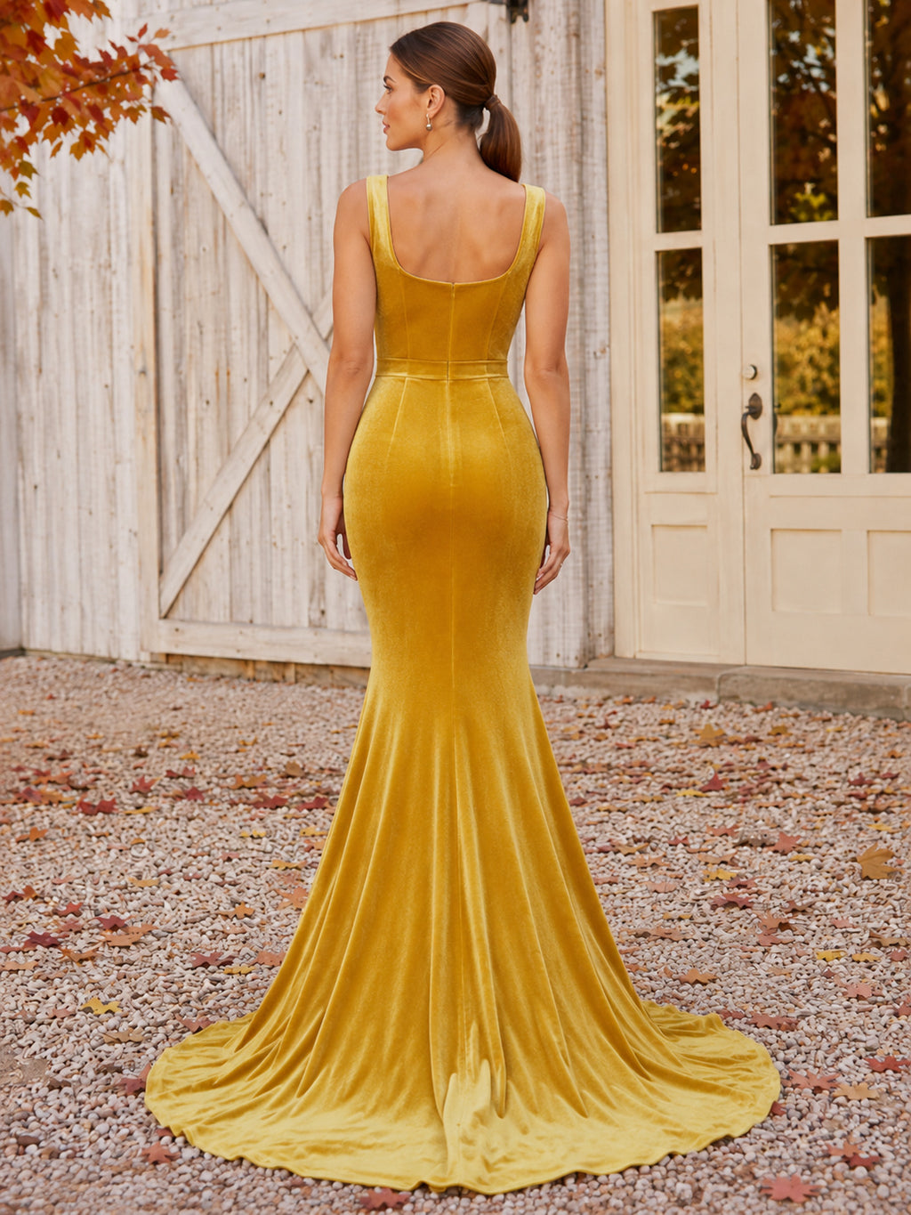 Mustard Gold Square Neck Velvet Mermaid Sweep Train Modern Wedding Dress back view