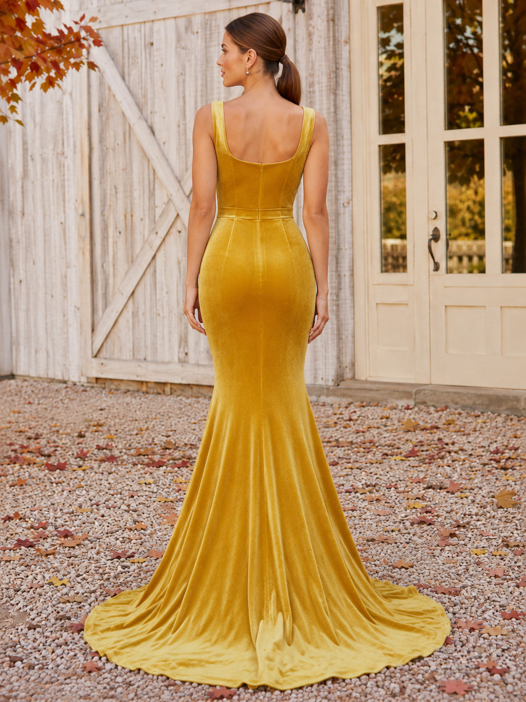 Mustard Gold Square Neck Velvet Mermaid Sweep Train Modern Wedding Dress back view