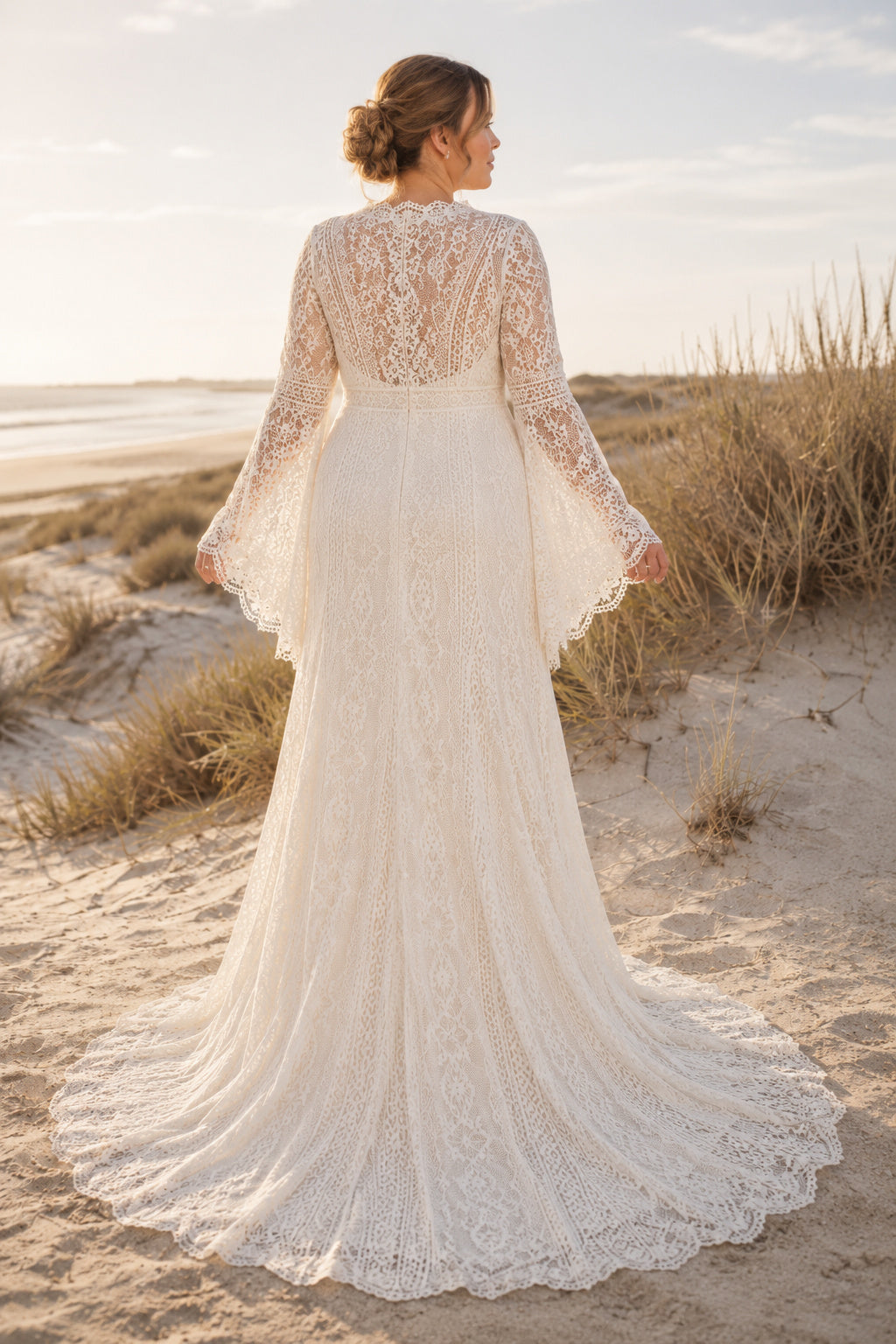 Plus Size Ivory High Neck Bell Sleeve Lace Tulle A-Line Wedding Dress with High Lace Neckline and Bell Sleeves back view