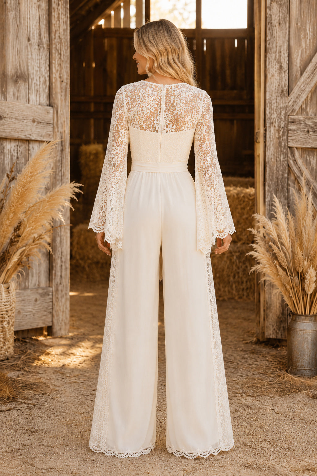 Ivory Long Bell Sleeve Lace Bridal Jumpsuit with Deep V-Neck and Wide Pants back view