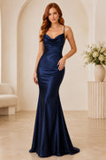 Dark Navy Cowl Neck Satin Mermaid Formal Dress with Spaghetti Straps and Low Back front view