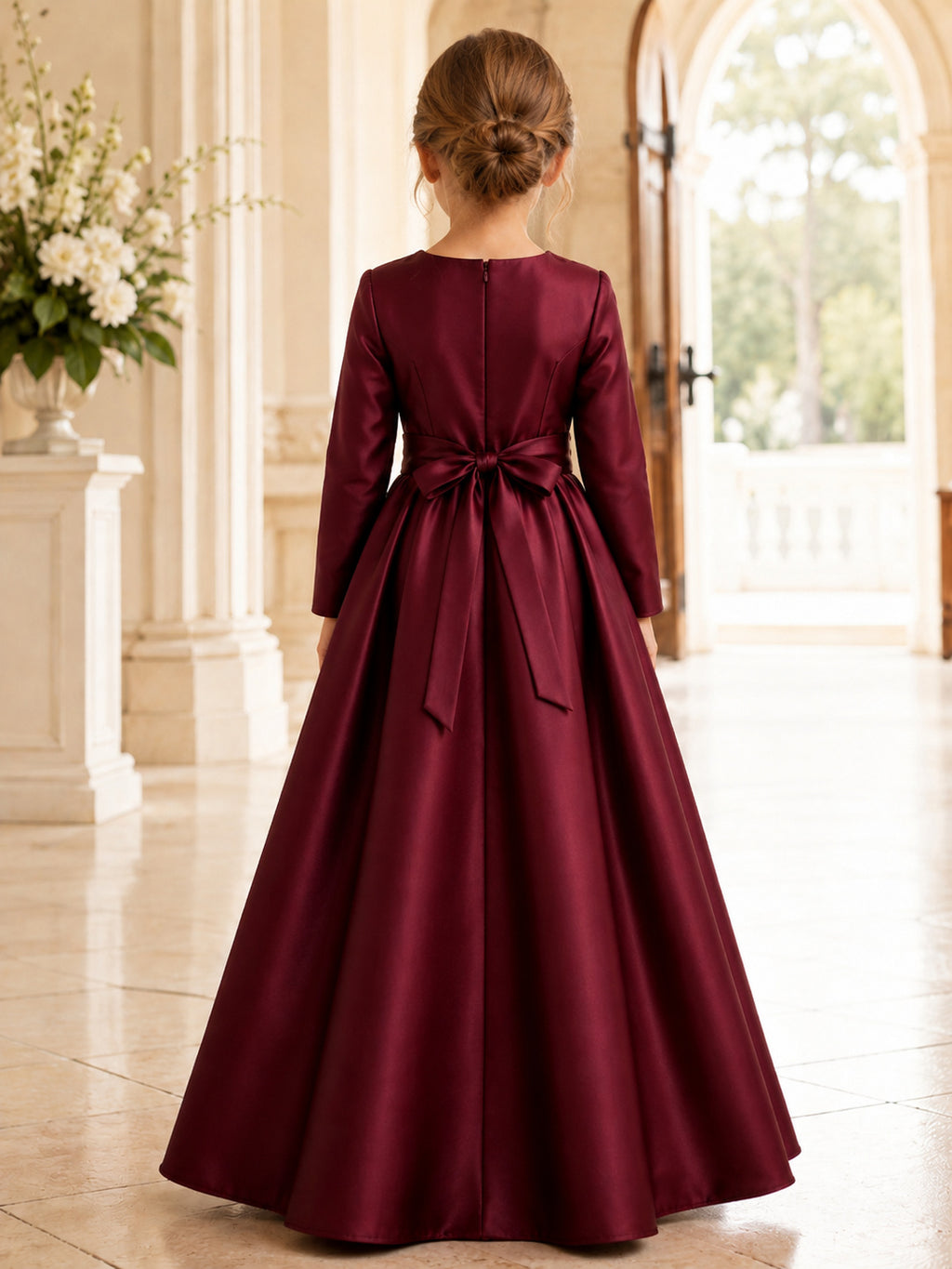 Burgundy Bow Back Satin A-Line Flower Girl Dress with Jewel Neck, Long Sleeve, and Floor-length Skirt back view
