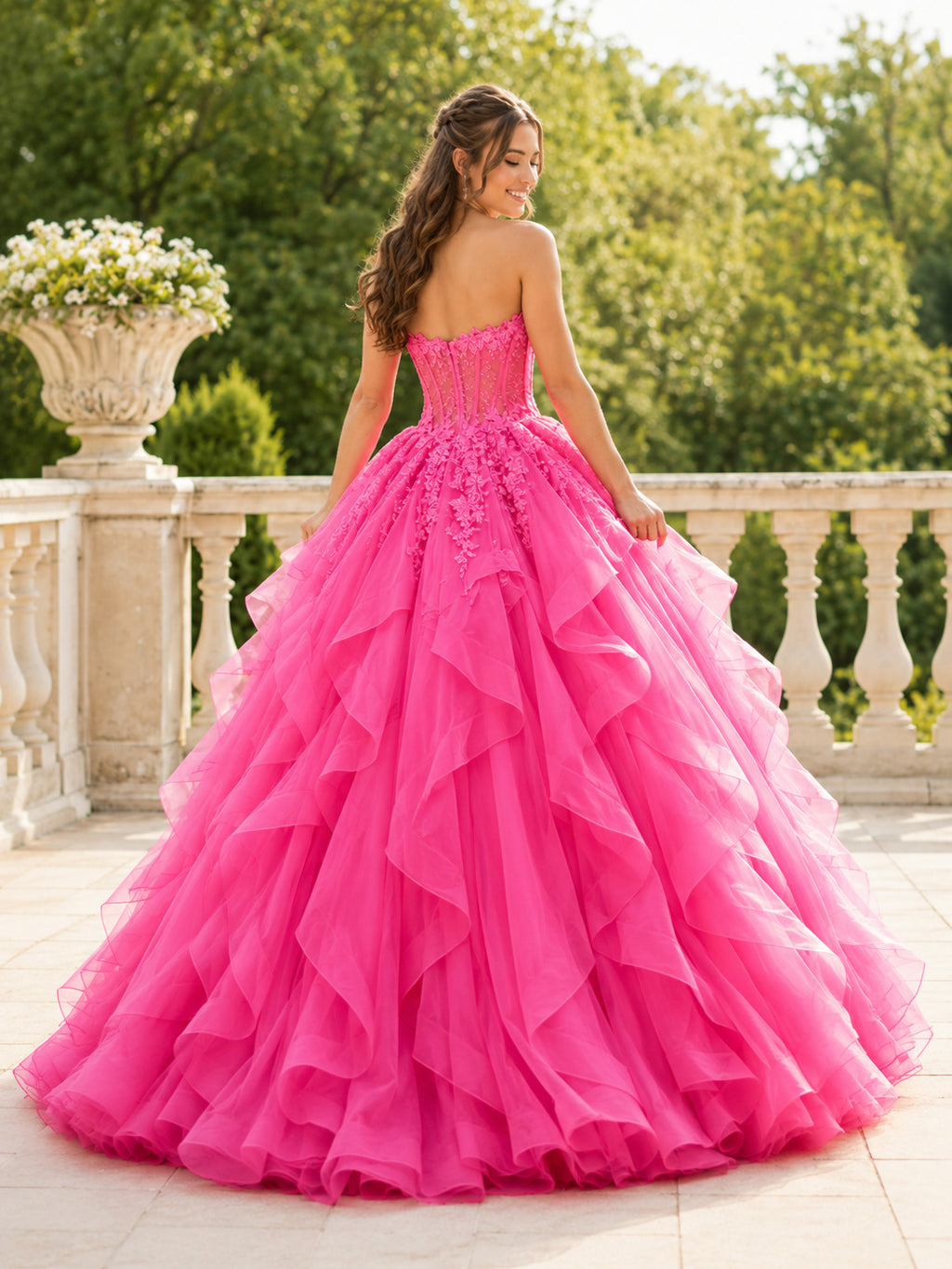 Fuchsia Luxury Strapless Floral Applique Cascading Ruffle Quinceanera Princess Ball Gown back view