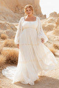 Plus Size Boho Square Neck Empire Wedding Dress with Long Sleeves and Tiered Skirt front view