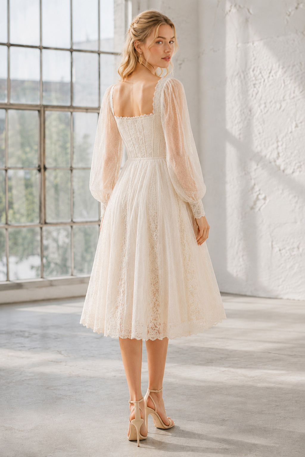 Square Neck Tea-Length Wedding Dress with Long Sheer Sleeves and Lace Skirt back view