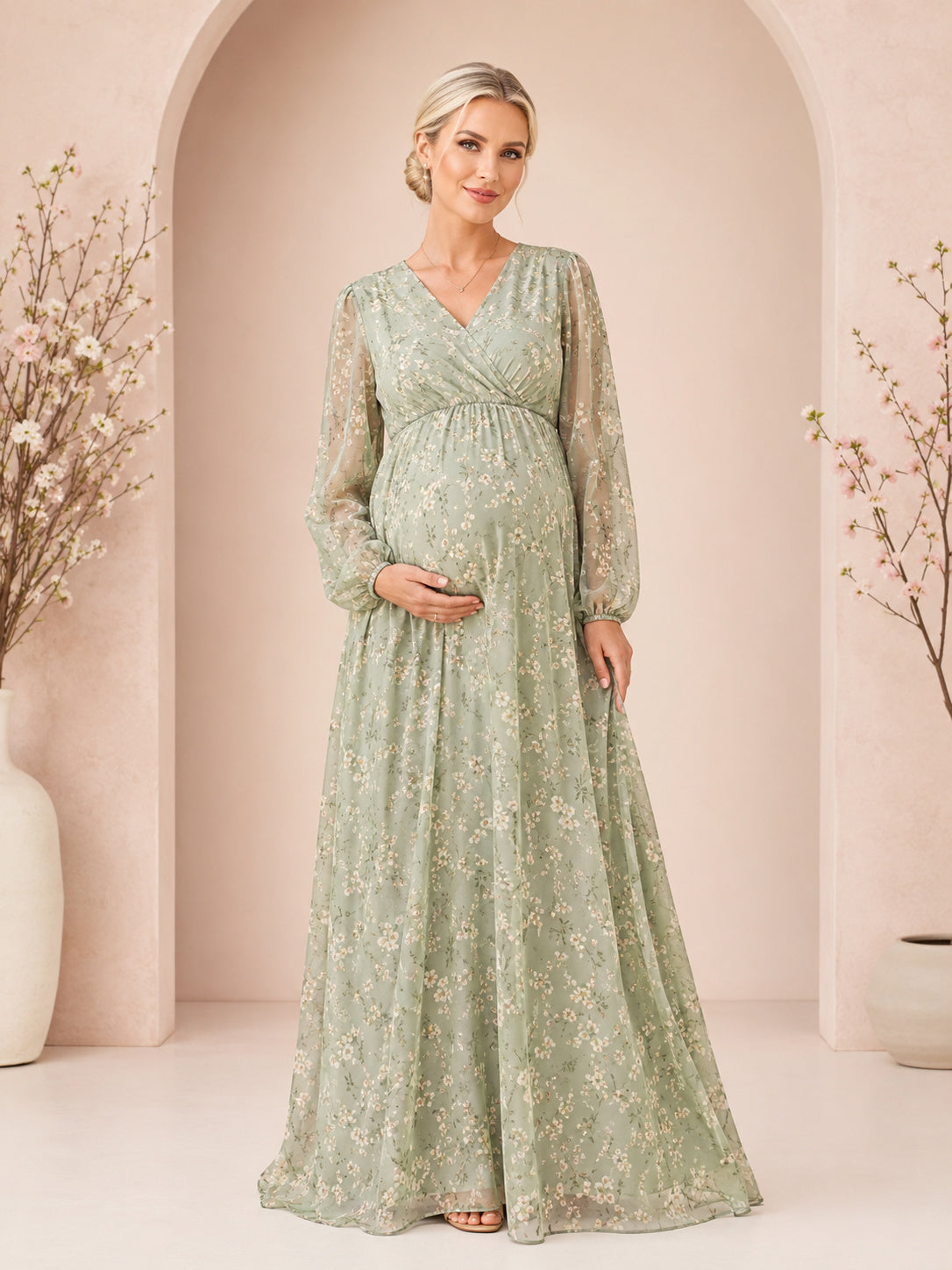 Sage Floral Maternity V-Neck Poet Sleeve Chiffon Empire Floor-Length Maxi Dress front view