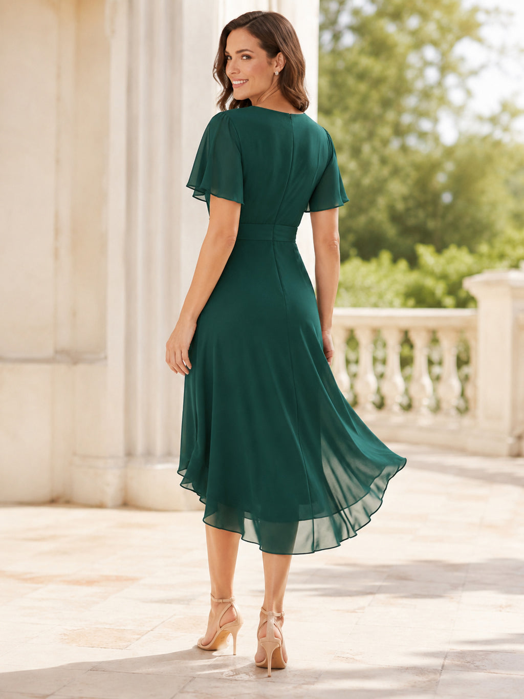 Dark Green V-neck Tulip Hem Chiffon Dress back view