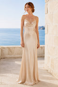 Champagne Cowl Neck Satin Sheath Bridesmaid Dress with Low Back and Floor Skirt front view