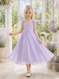 Flower Girl Dress A-Line Lilac Lightweight Breathable Chiffon Flutter Sleeve front view