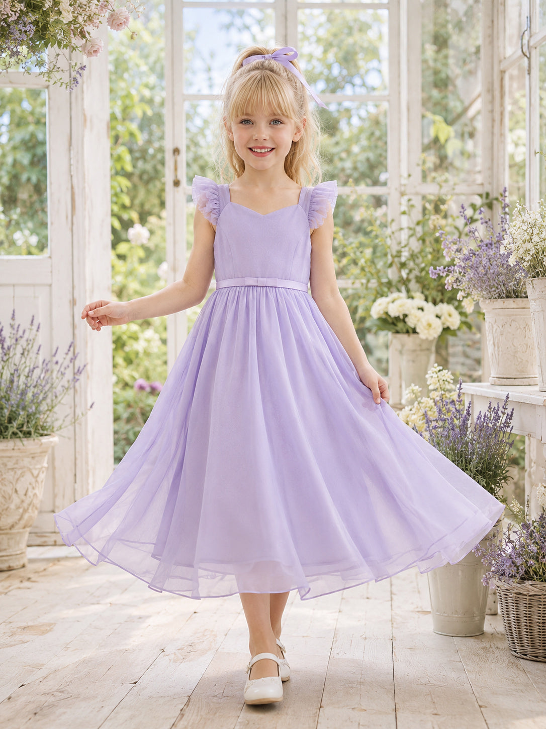 Flower Girl Dress A-Line Lilac Lightweight Breathable Chiffon Flutter Sleeve front view