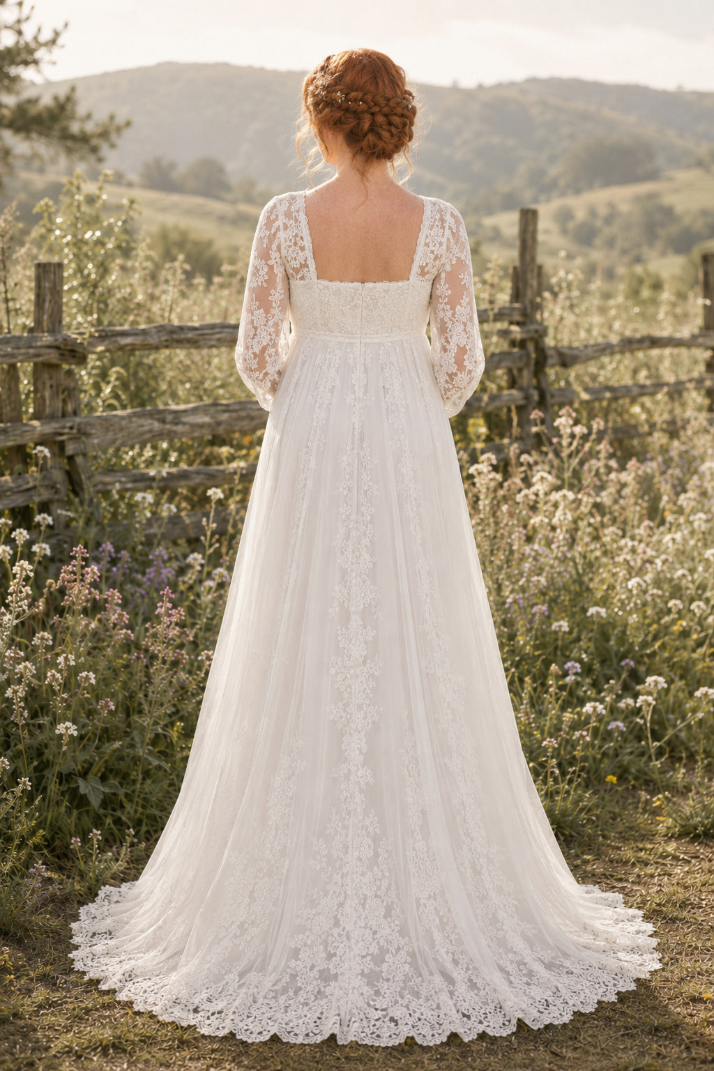 Ivory Maternity Square Neck Long Sleeve Lace A-Line Wedding Dress with Lace Train back view