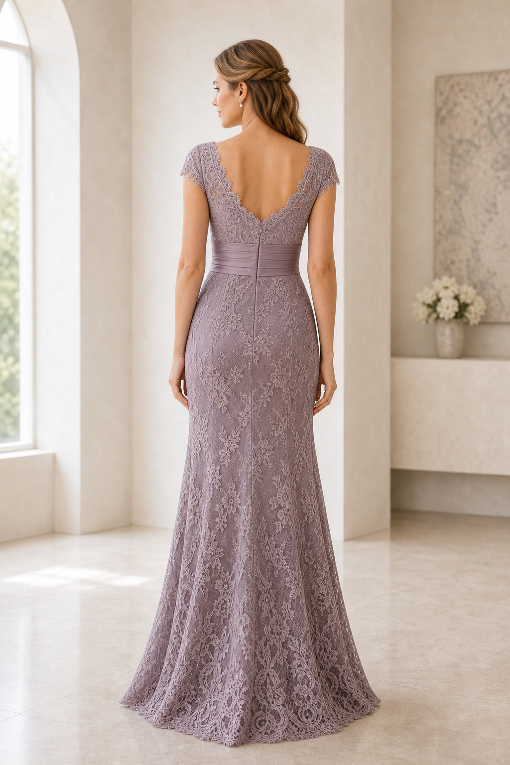 Mauve Bateau Cap Sleeve Sheath Lace Floor-Length Dress With V-back