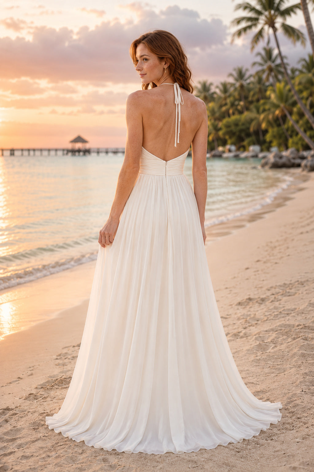 Halter A-Line Beach Wedding Dress back view