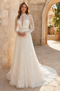 Ivory High Neck Long Sleeve Lace A-Line Wedding Dress Train for Wedding Ceremony and Reception Style MG_701490 front view