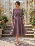 Formal Elegant Vintage Mauve High Neck Textured Midi Guest Dress front view