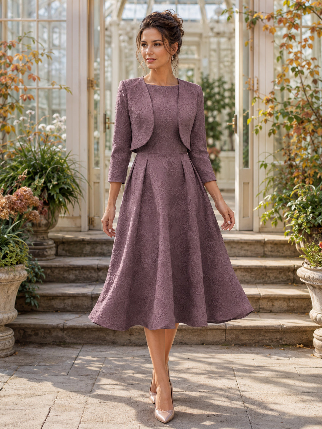 Formal Elegant Vintage Mauve High Neck Textured Midi Guest Dress front view