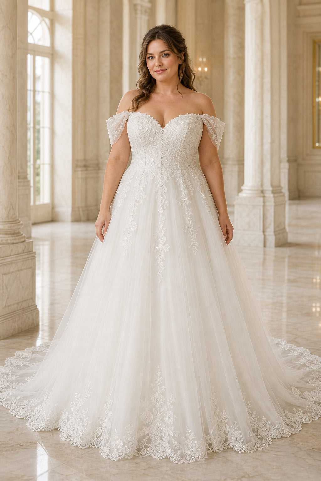 Champagne Off-the-shoulder Flutter Sleeves A-Line Lace Floor-length Wedding Dress With Lace and Pleated Skirt and Open Back