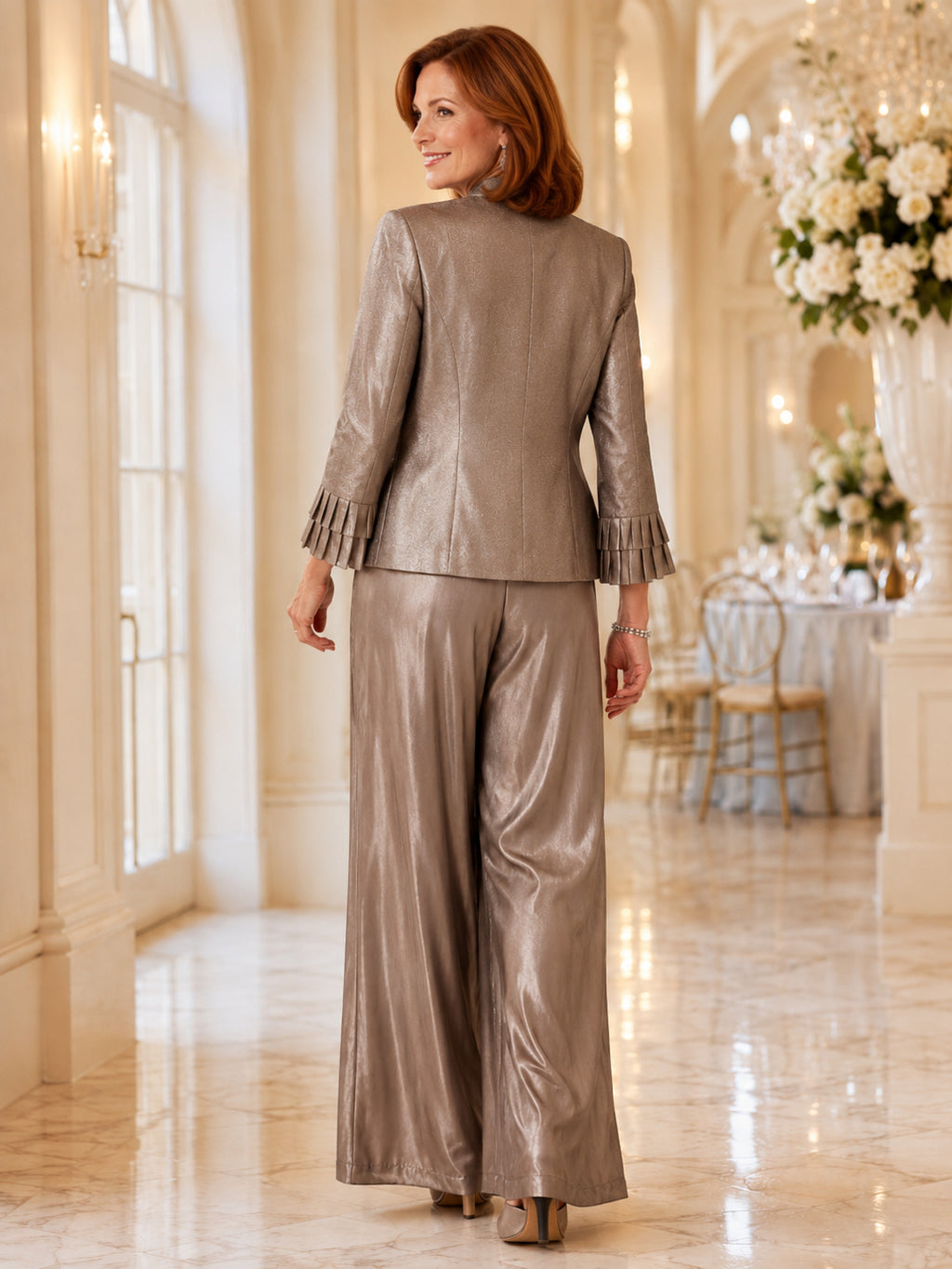 Taupe Elegant Floor-Length Wide-Leg Mother of the Bride Metallic Pantsuit with Tailored Long Blazer and Draped Cowl-Neck Shel