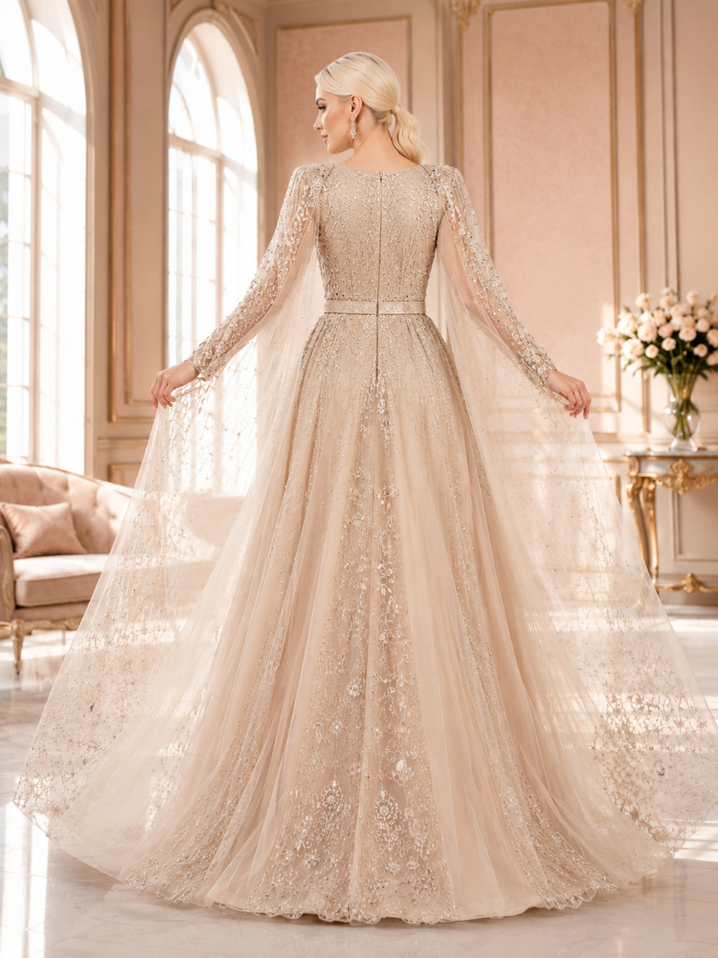 Luxury Champagne High Neck Long Illusion Sleeve Beaded Tulle Cape Ball Gown Floor Length Evening Dress back view