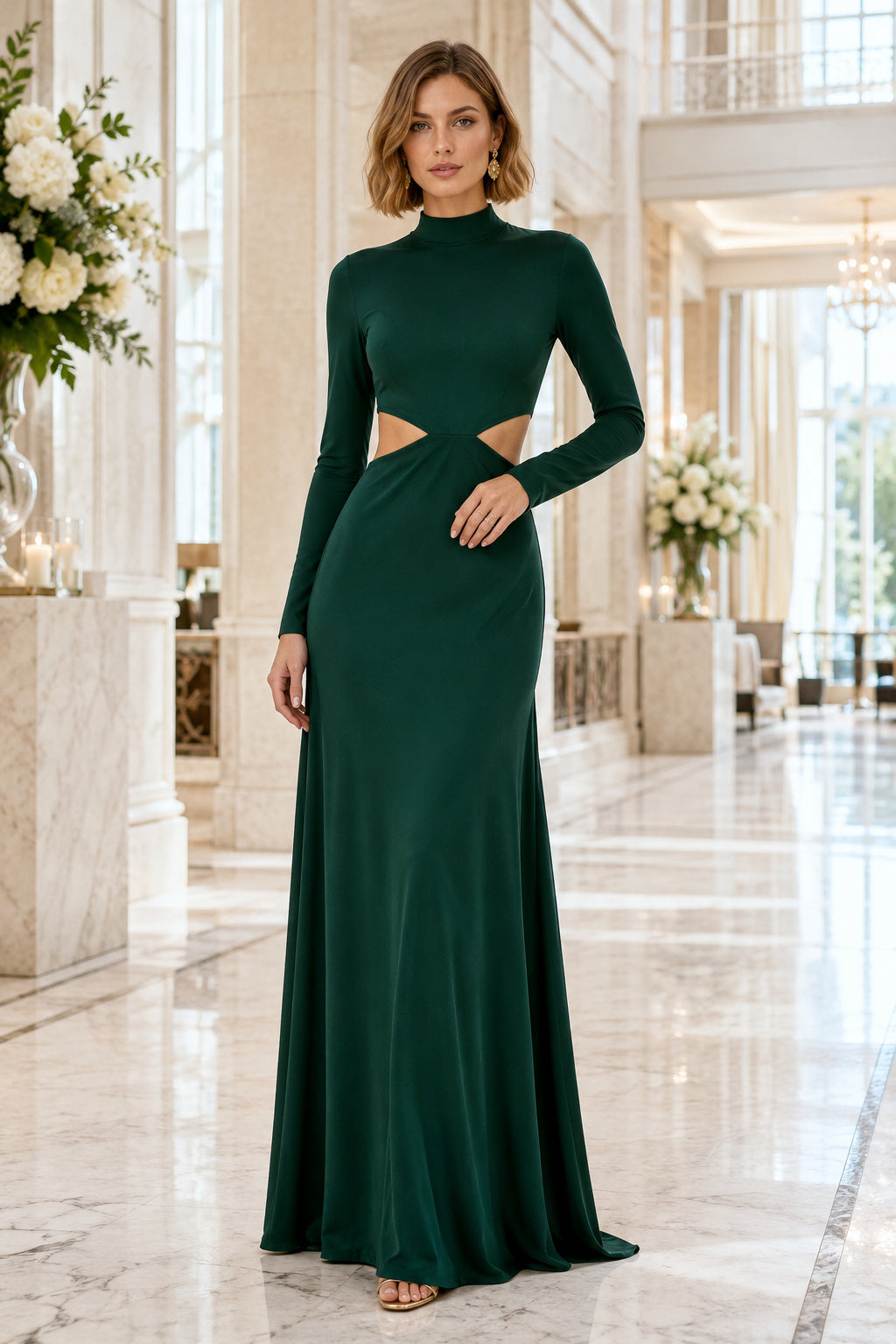Emerald Long Sleeve High Neck Sheath Dress with Cutouts front view