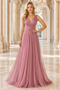 Dusty Rose V neck chiffon A line dress with pleated bodice and flowing skirt Floor-length A-Line Bridesmaid Dress front view