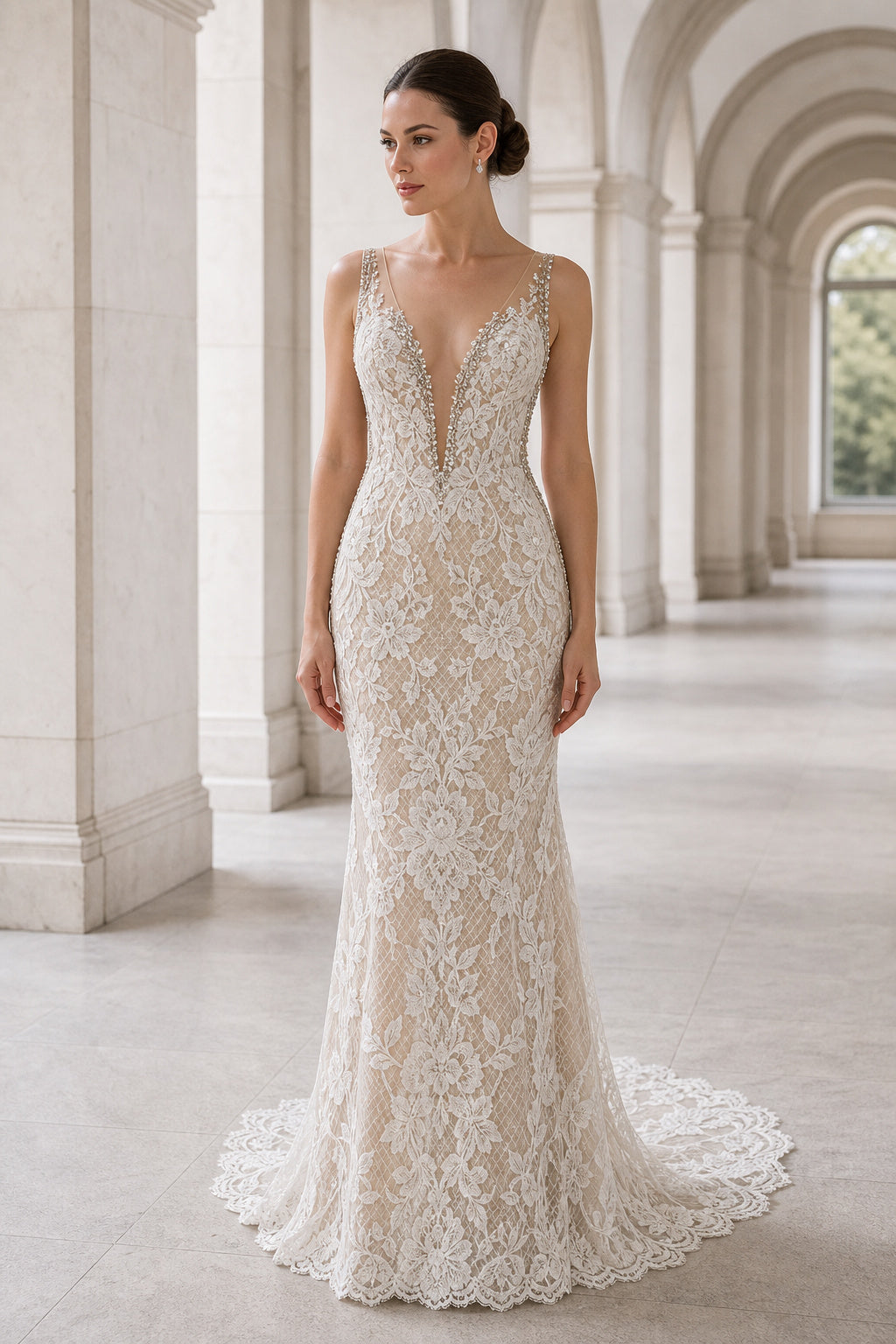 Champagne V-neck Mermaid Lace Floor-length Formal Dress With Lace and Train and Open Back