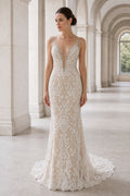 Champagne V-neck Mermaid Lace Floor-length Formal Dress With Lace and Train and Open Back