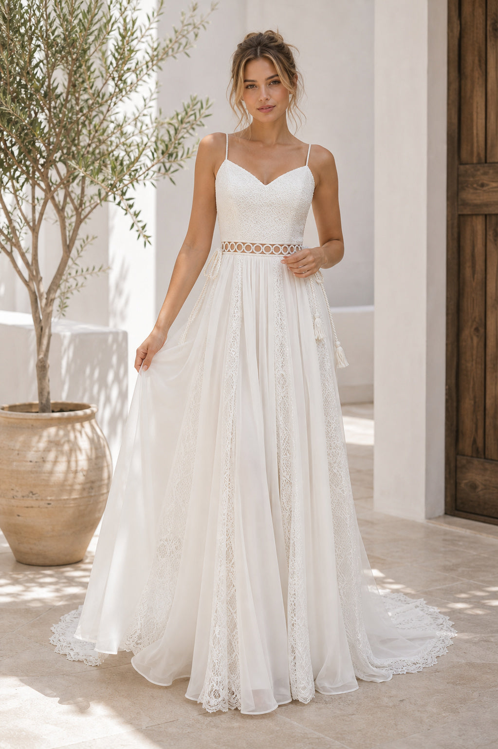 White Bateau Cap Sleeves Mermaid Lace Floor-length Wedding Dress With Lace and Beaded Bodice and Open Back Lace Hem Detail
