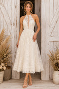 Ivory Halter Applique Lace Tea Length Wedding Dress Keyhole Back for Wedding Reception and Party front view