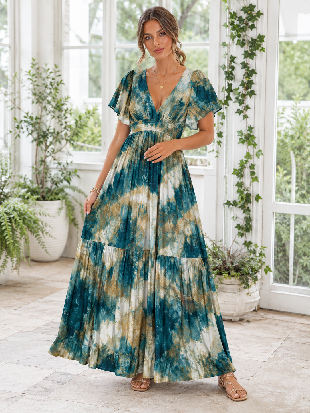 Teal Tie Dye V-Neck Flutter Sleeve Tiered Maxi Dress front view