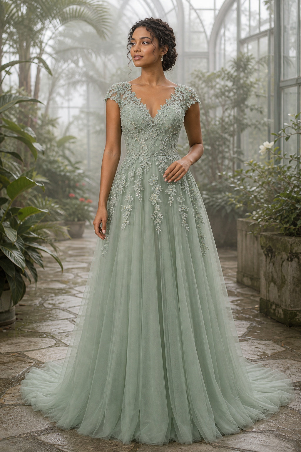 Sage V-neck Cap Sleeve A-Line Lace Floor-Length Dress With Appliques