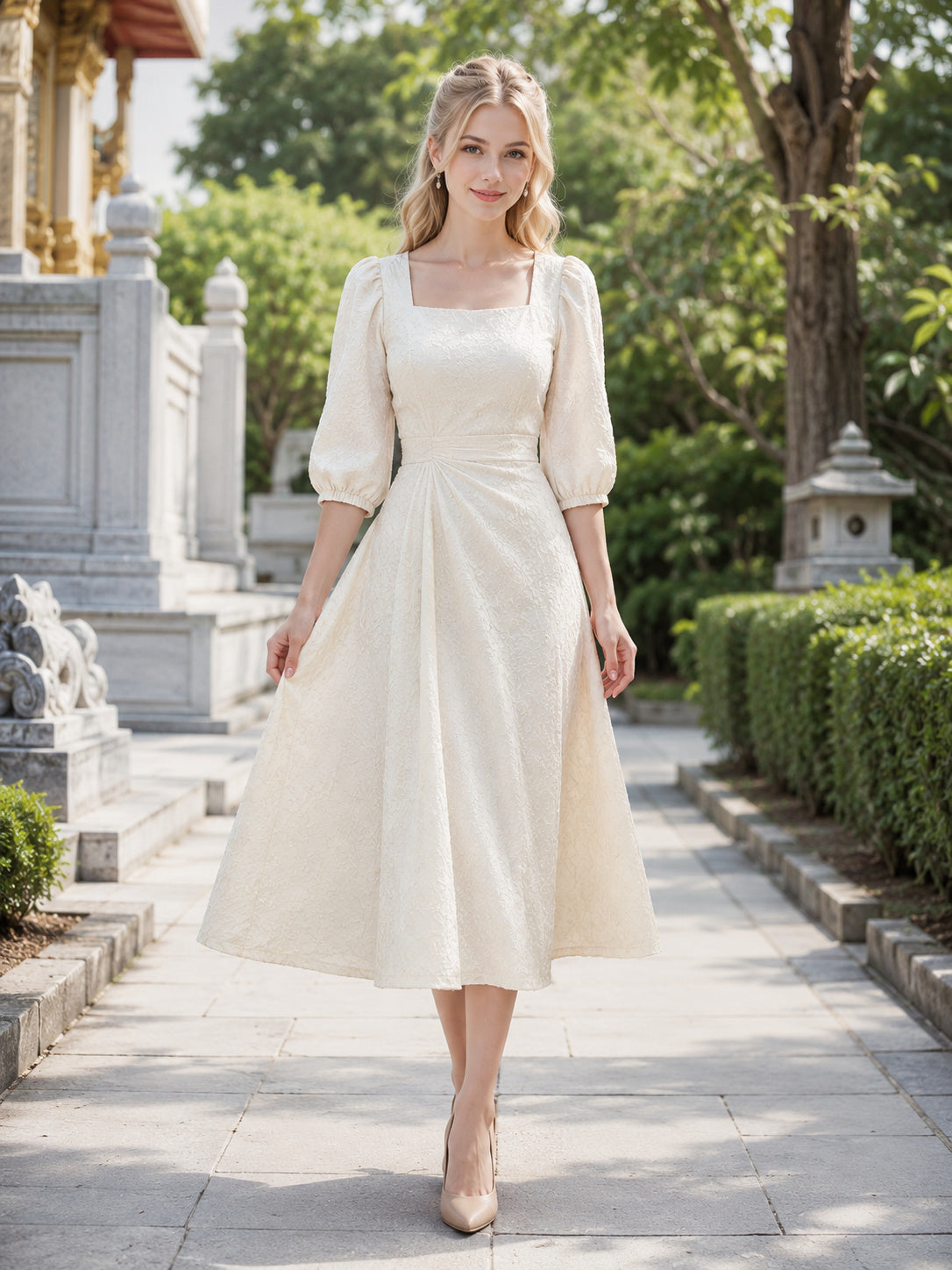 Cream Square Neck Puff Sleeve Respectful Ceremony Midi Dress front view