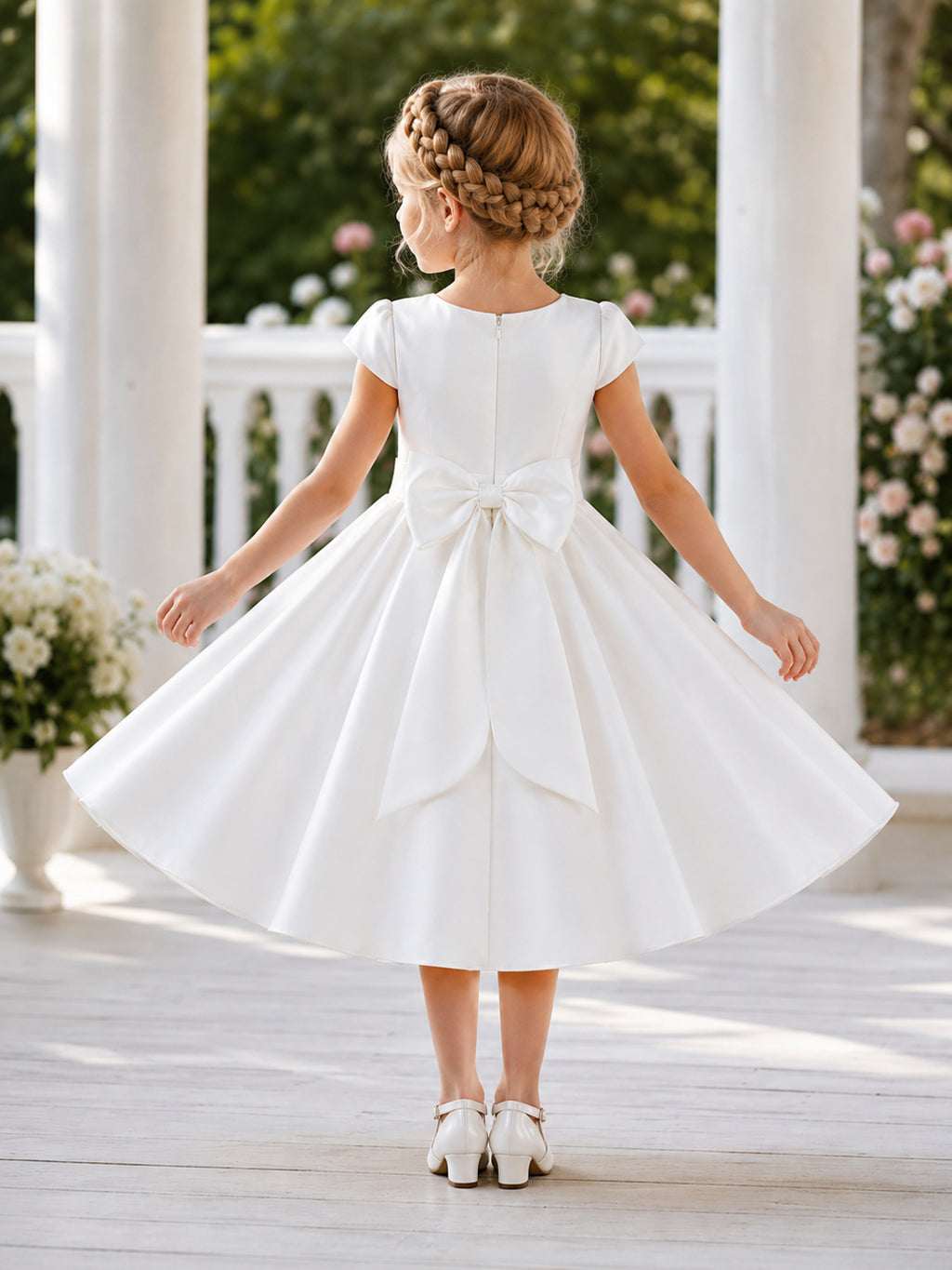 Flower Girl Dress Ivory Satin A-Line Short Sleeve Jewel Neck Tea Length Bow Back Soft Pleated Skirt back view