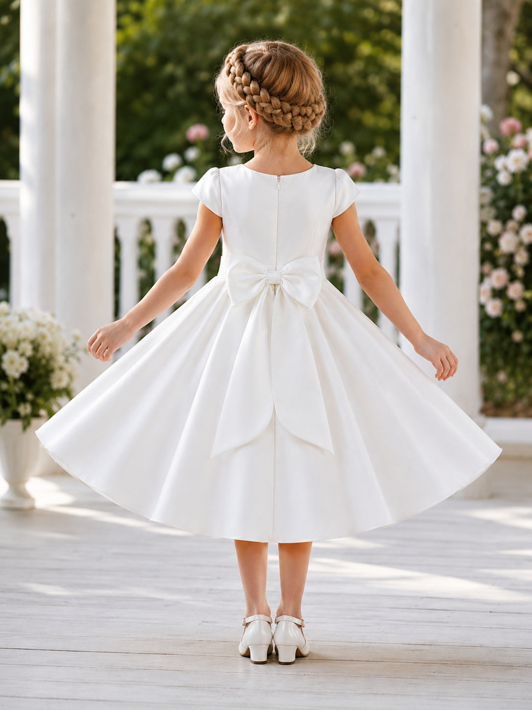 Flower Girl Dress Ivory Satin A-Line Short Sleeve Jewel Neck Tea Length Bow Back Soft Pleated Skirt back view