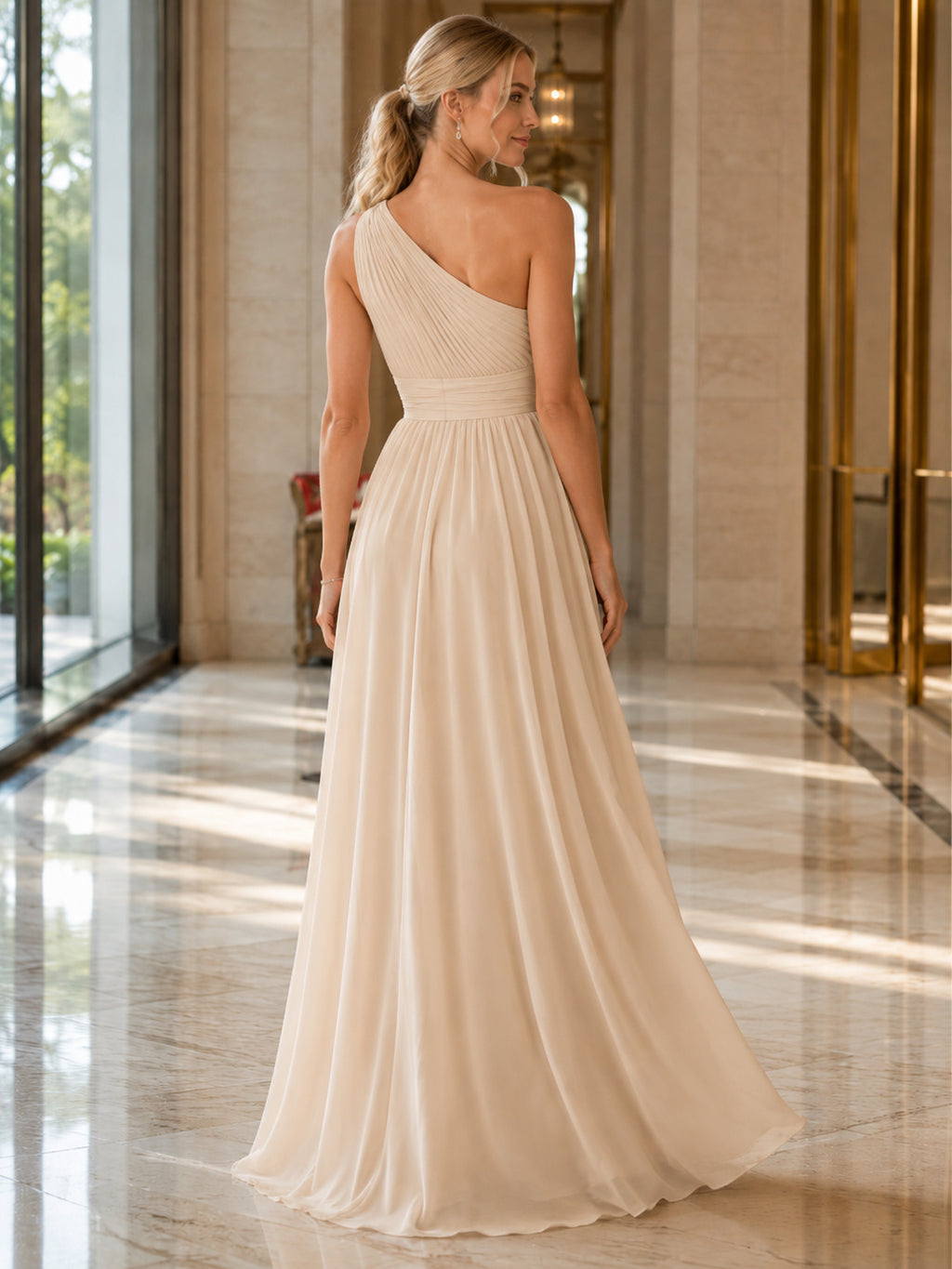 Champagne One Shoulder Pleated Chiffon Floor Length Empire Dress back view
