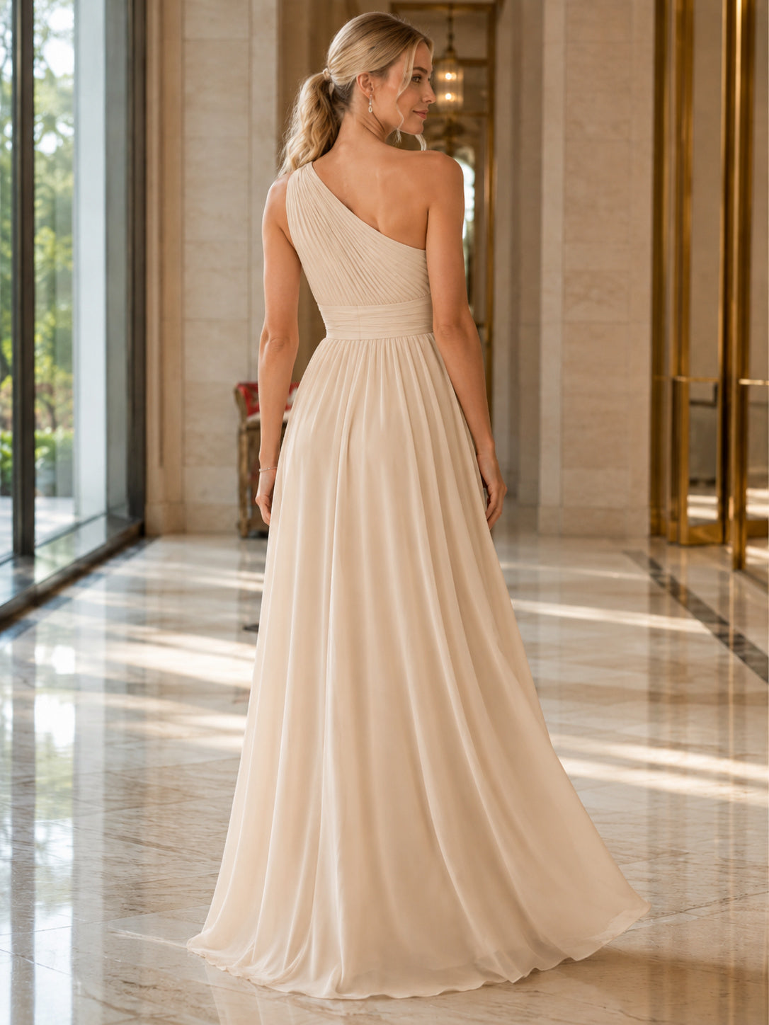 Champagne One Shoulder Pleated Chiffon Floor Length Empire Dress back view