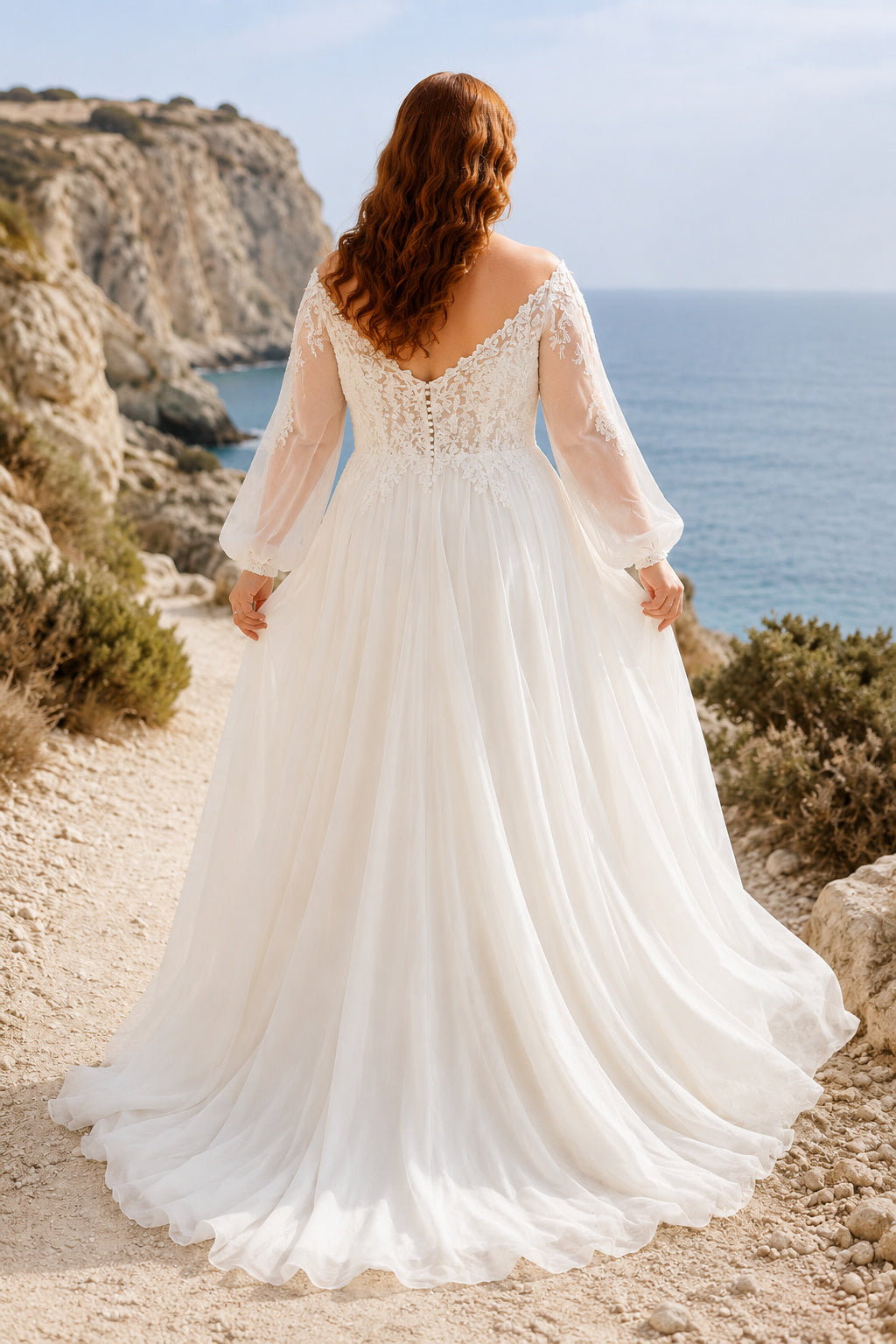 Plus Size Ivory V-Neck Bishop Sleeve Lace Tulle A-Line Wedding Dress with Lace Bodice and Soft Chiffon Train back view