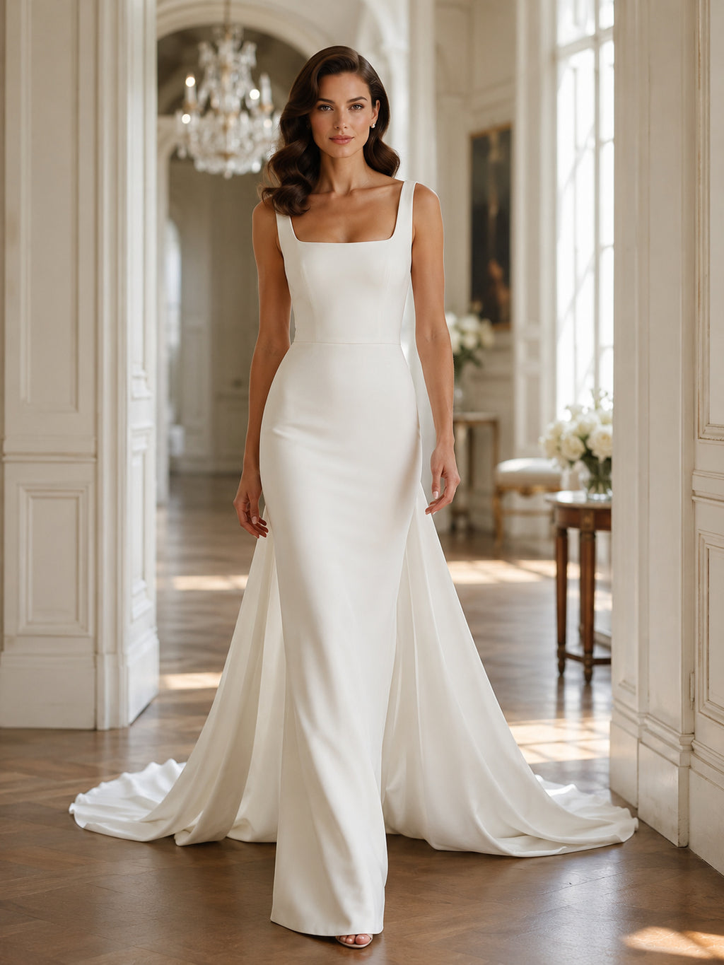 Minimalist Stretch Satin Wedding Dress Mermaid Square Neck Sleeveless Sweep Train Bridal Gown front view