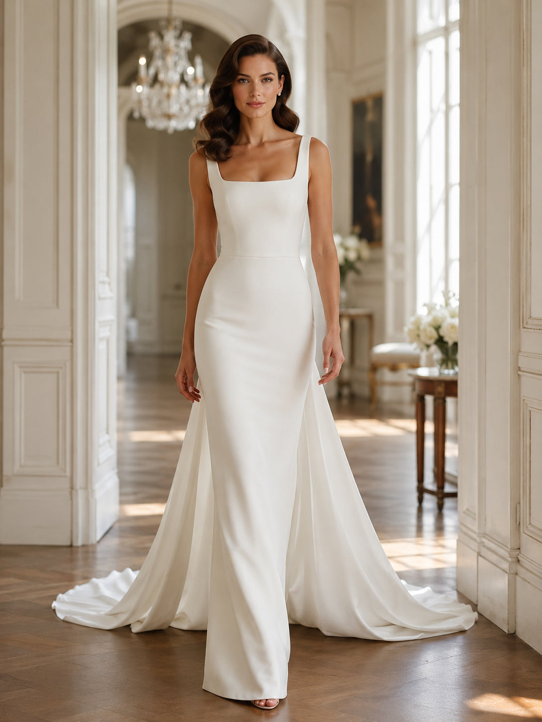 Minimalist Stretch Satin Wedding Dress Mermaid Square Neck Sleeveless Sweep Train Bridal Gown front view