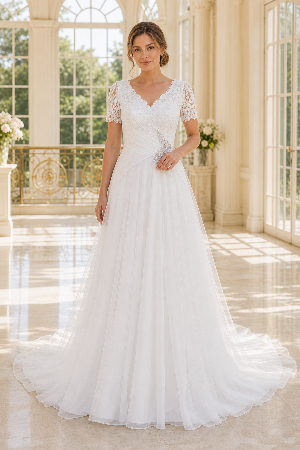 White V-neck Cap Sleeves A-Line Tulle, Lace Floor-length Wedding Dress With Lace and Train and Open Back