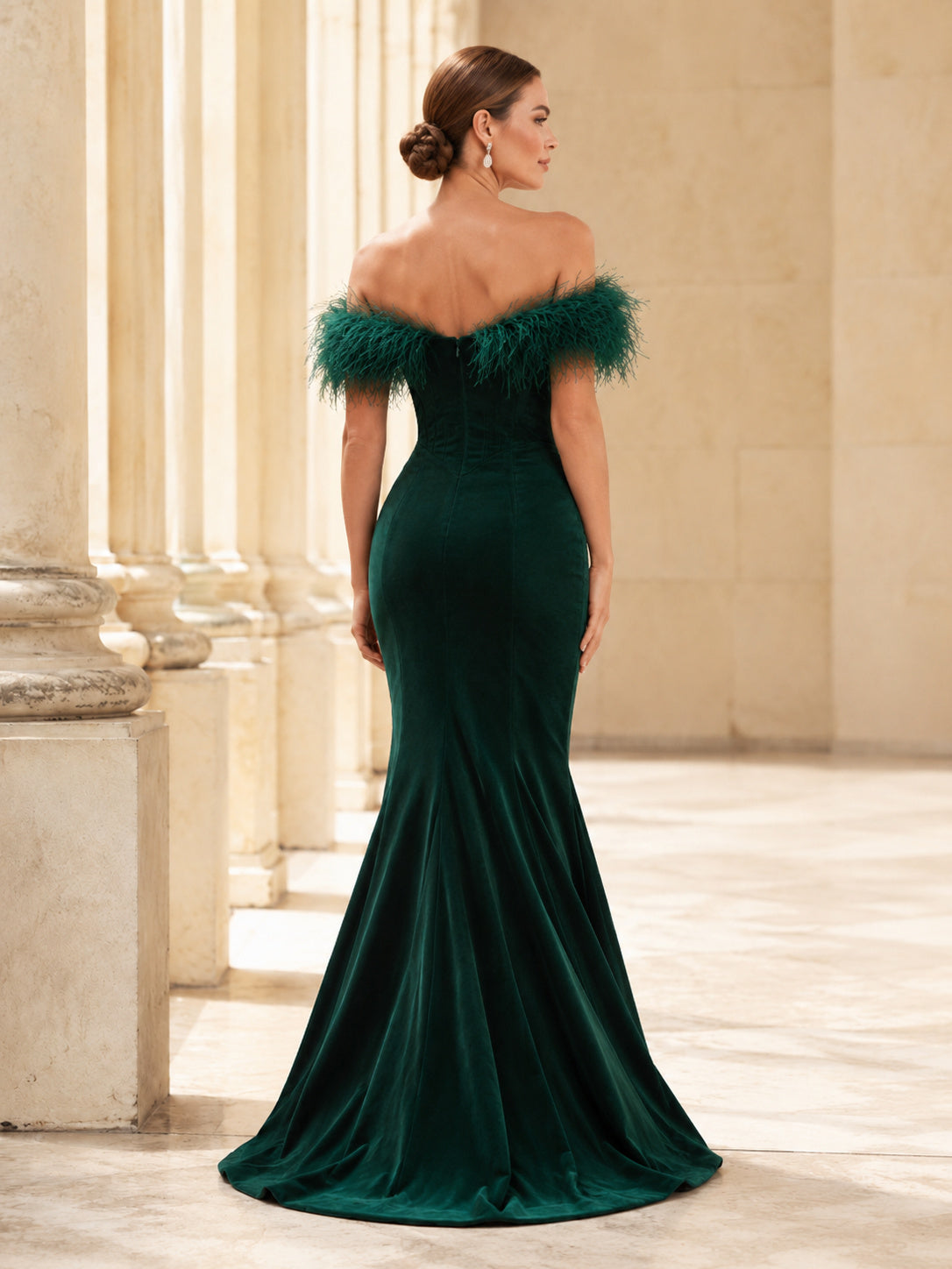 Dark Green Feather Off-the-shoulder Mermaid Evening Dress back view