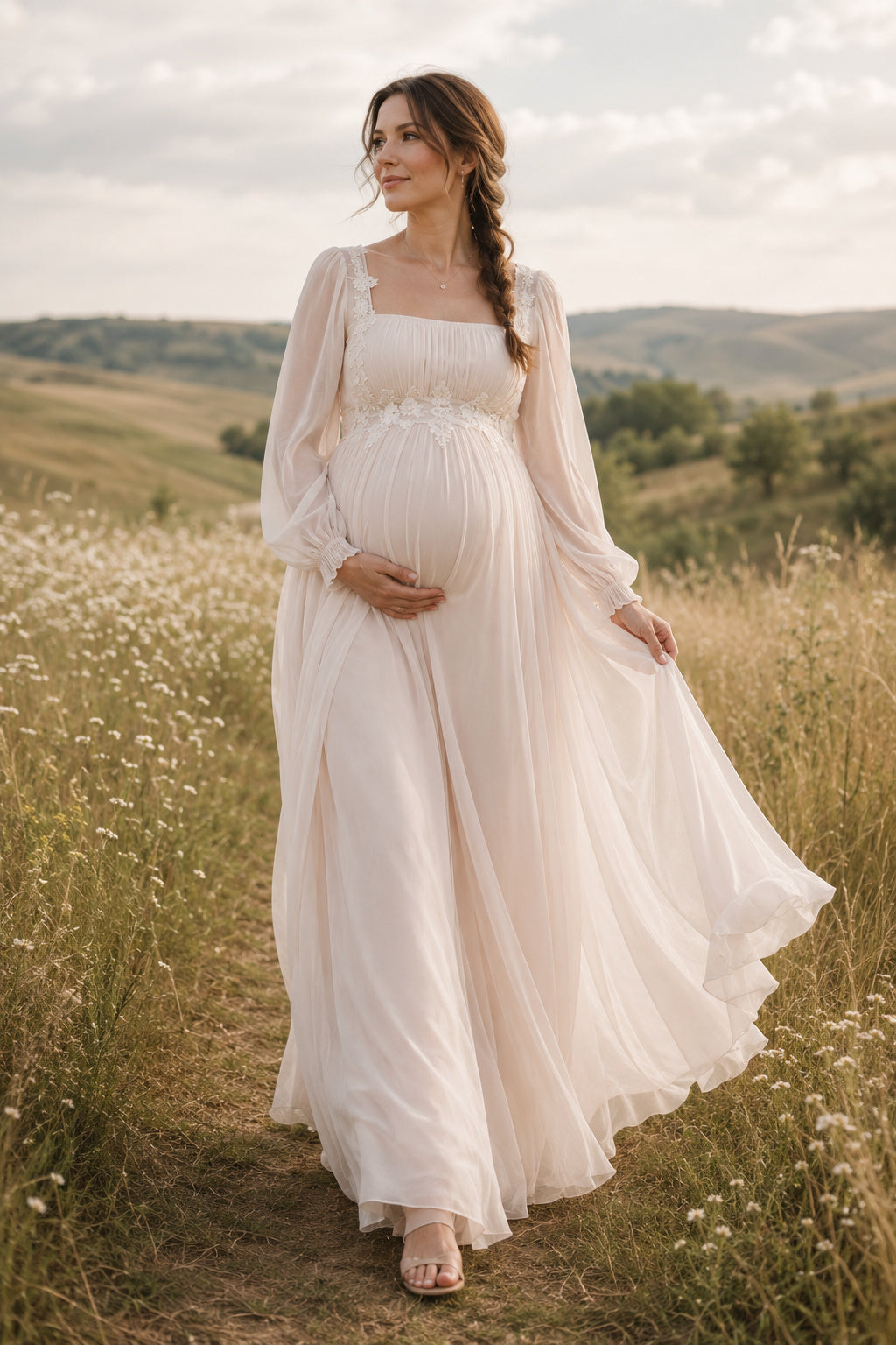 Ivory Square Neck Puff Sleeve Maternity Wedding Dress with Chiffon Skirt front view