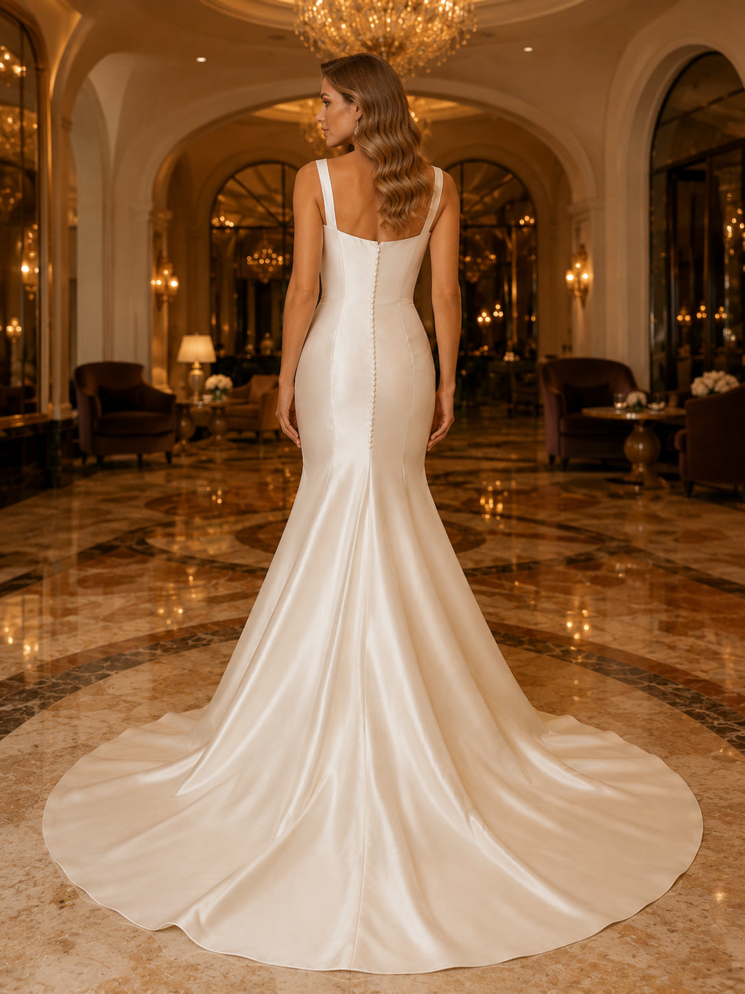 Square Neck Satin Mermaid Luxury Hotel Bridal Gown back view