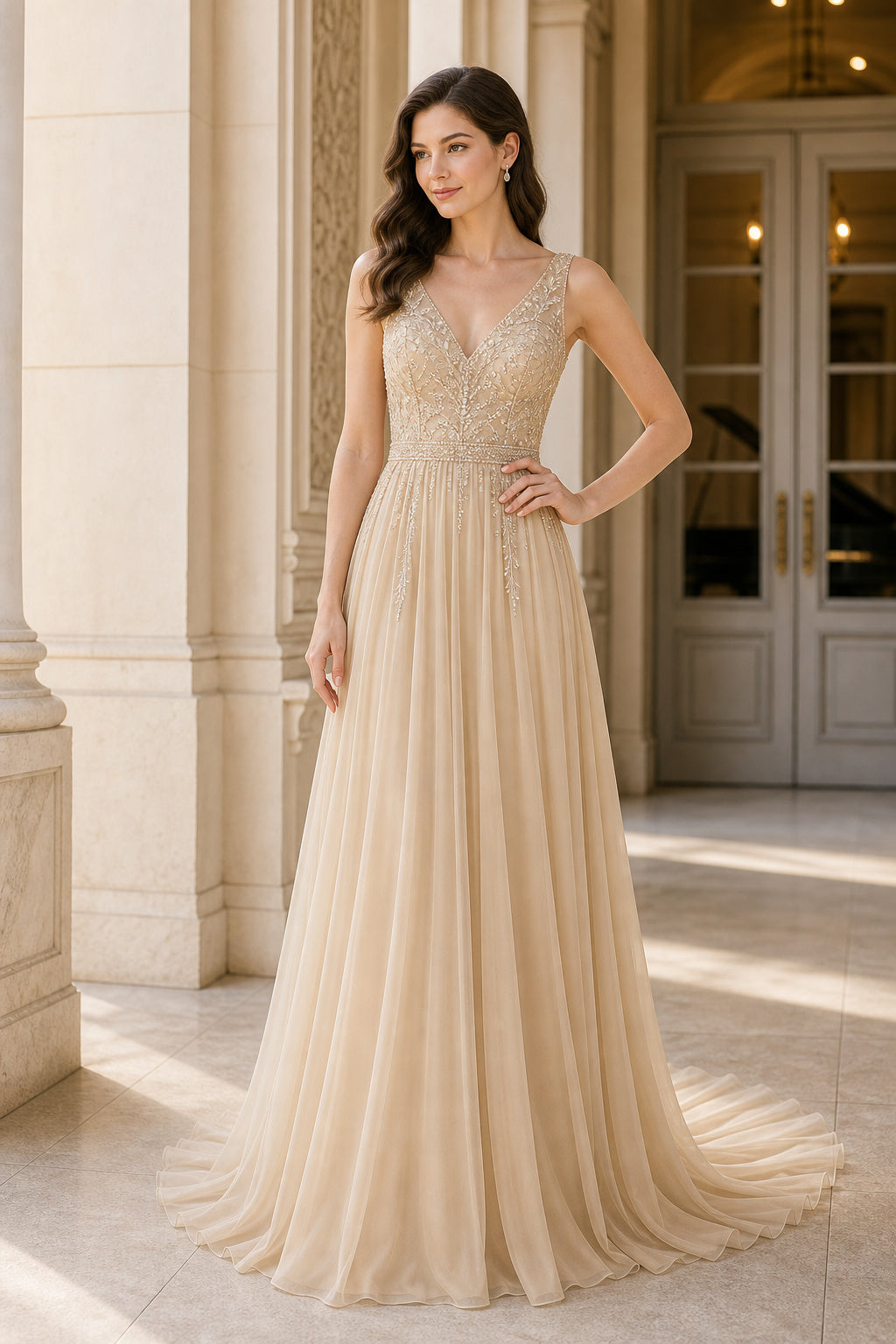 Champagne Illusion A-Line Tulle Floor-length Formal Dress With Lace and Beading and Open Back