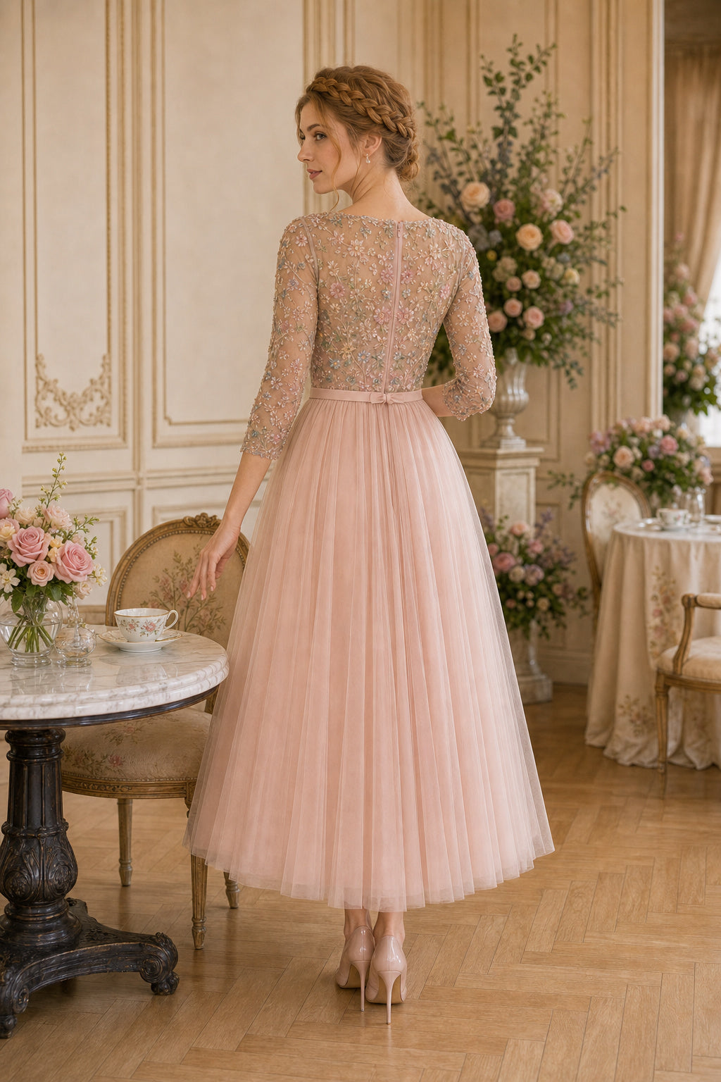 Blush Illusion Long Sleeve A-Line Tulle Tea-Length Dress With Lace Bodice