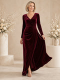 Burgundy Velvet Floor-Length A-Line Elegant Mother of the Bride Winter Gown with V-Neck Long Sleeves and Split Front front vi