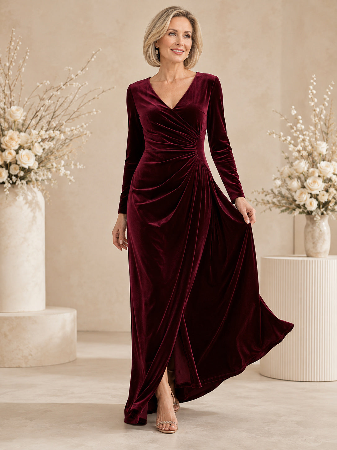 Burgundy Velvet Floor-Length A-Line Elegant Mother of the Bride Winter Gown with V-Neck Long Sleeves and Split Front front vi