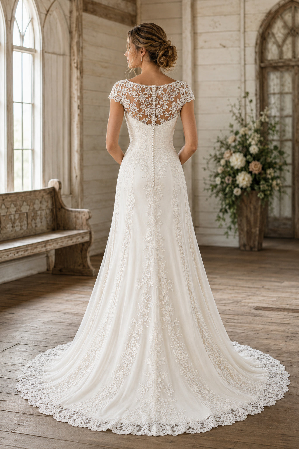 Ivory Cap Sleeve Bateau Lace Sheath Wedding Dress with Illusion Back and Sweep Train back view