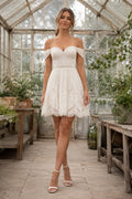 Ivory Off-the-Shoulder Short Wedding Dress with Lace Bodice and Soft Tulle Overlay front view