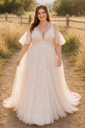 Plus Size Ivory V-Neck Tulle A-Line Wedding Dress with Flutter Sleeves front view